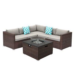 Outdoor 4 Piece Sectional Sofa Propane Fire Pit, Dark Brown Patio Furniture Set w 32-inch 40,000 ...