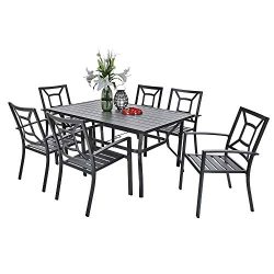 PHI VILLA Metal 7 Piece Patio Rectangular Table and Armrest Bistro Chairs Dining Set with Umbrel ...