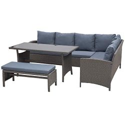 Outsunny 4 Piece Modern Outdoor Rattan Wicker Furniture Set with Dining Table Bench & Sofa f ...