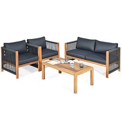 Tangkula Outdoor Wood Furniture Set, Acacia Wood Frame Loveseat Sofa, 2 Single Chairs and Coffee ...