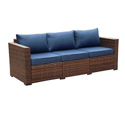 3-Seat Patio Wicker Sofa – Outdoor Rattan Couch Furniture w/Steel Frame and Blue Cushion