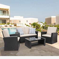 Shintenchi 4 Piece Outdoor Patio Furniture Sets, Wicker Rattan Sectional Sofa Couch with Glass C ...