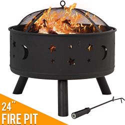 Vnewone Outdoor Fire Pits 24″ Fire Bowl Metal FirePit Patio Garden Stove Wood Burning Roun ...