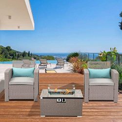 Outdoor 3-Piece Patio Furniture w Propane Fire Pit, Pearl Gray Weave Wicker Armchair w 32-inch W ...