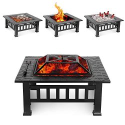 HEMBOR 32” Outdoor Fire Pit Table, Multi-Purpose Square Fireplace, Backyard Patio Garden O ...