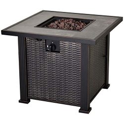 Outsunny 30″ Outdoor Gas Fire Pit Table with Deluxe Slate Tabletop and Wicker Design, 50,0 ...