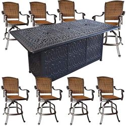 Sunvuepatio 9 Piece Fire Pit Patio Dining Outdoor Bar Set Santa Clara Swivels Barstools Table Ca ...