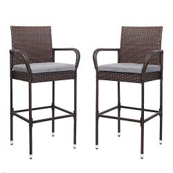 VINGLI Wicker Bar Stools Outdoor with Cushions Set of 2, Outdoor Bar Stools Counter Height Indoo ...