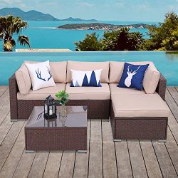 5 Piece Patio Furniture Set, Paito All Weather Brown PE Wicker Sectional Sofa, Outdoor Conversat ...
