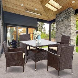 Wisteria Lane 5 Piece Outdoor Patio Dining Set, Wicker Glassed Table and Cushioned Chair, Umbrel ...