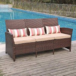 SUNSITT Outdoor Furniture 3 Seats Patio Sofa Couch, Brown PE Wicker with Beige Cushions & Lu ...